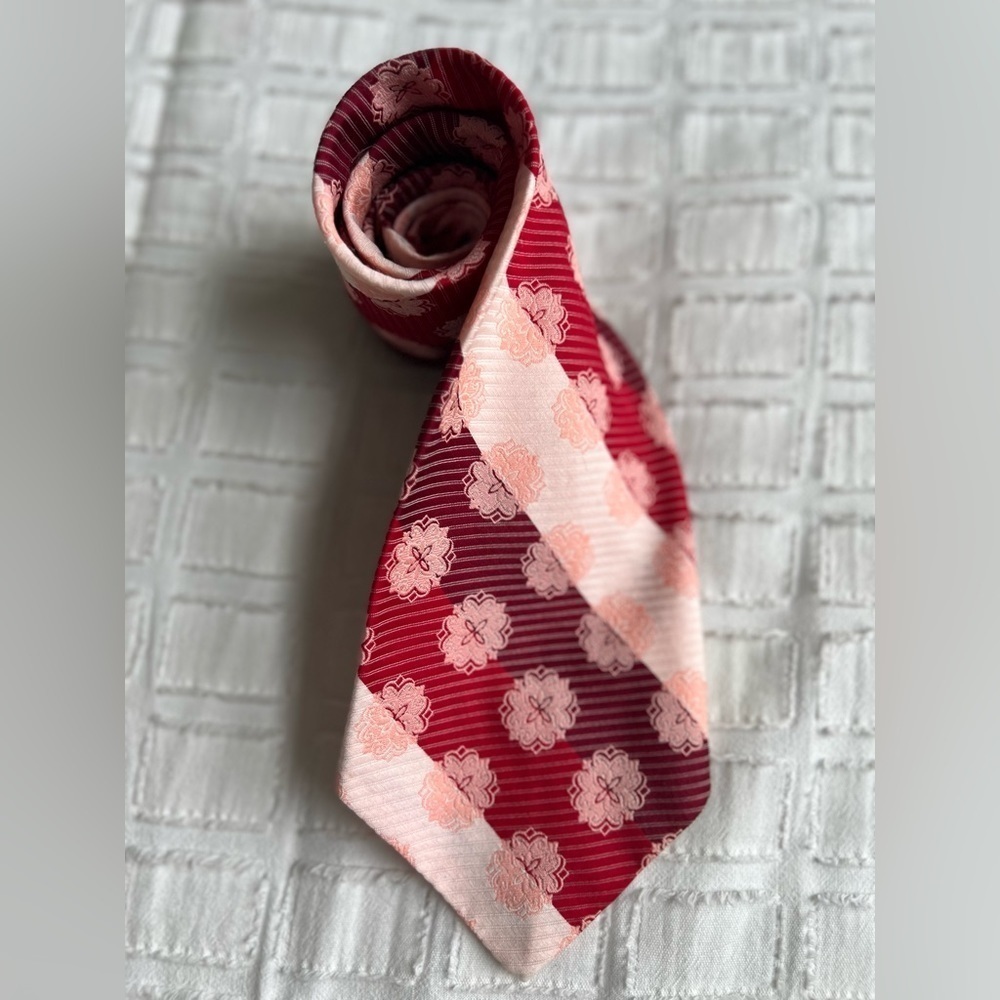 VTG Tiffany Collection Tie Red & Pink Floral Stripe Wedding Garden Party Formal